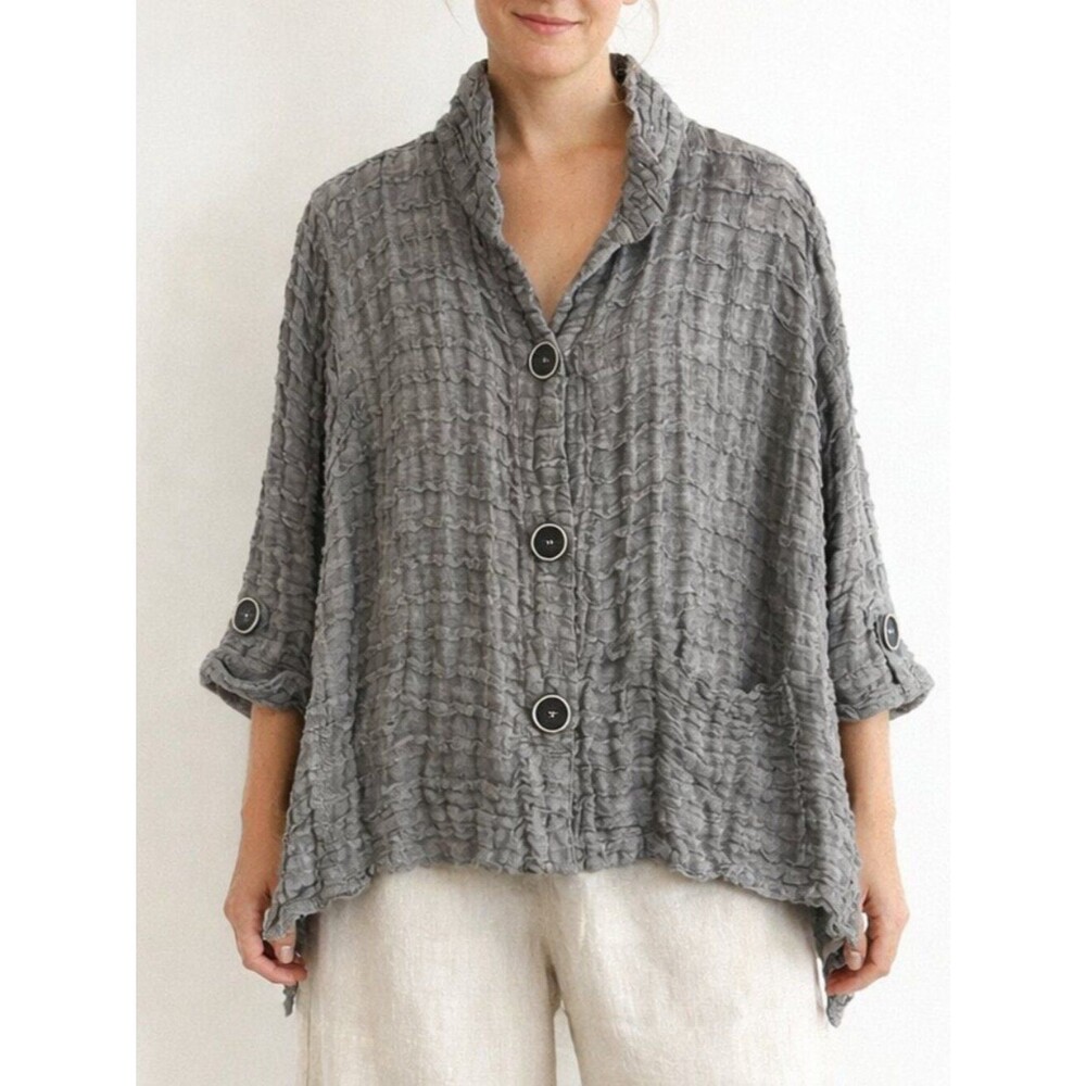 Stijfselkissie Gray Crinkle Knit Jacket Lagenlook boho Button Front Boho Small